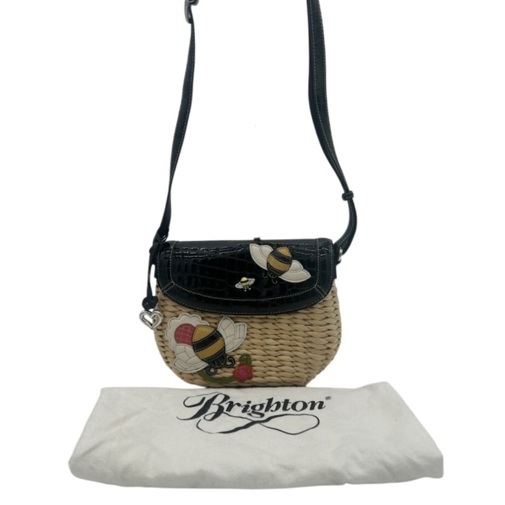 Brighton Black & Tan Woven Crossbody with Bee Appliqués and Heart Charm